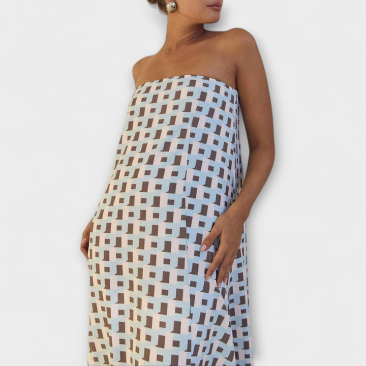 Kenia | Vestido maxi geométrico de hombros descubiertos
