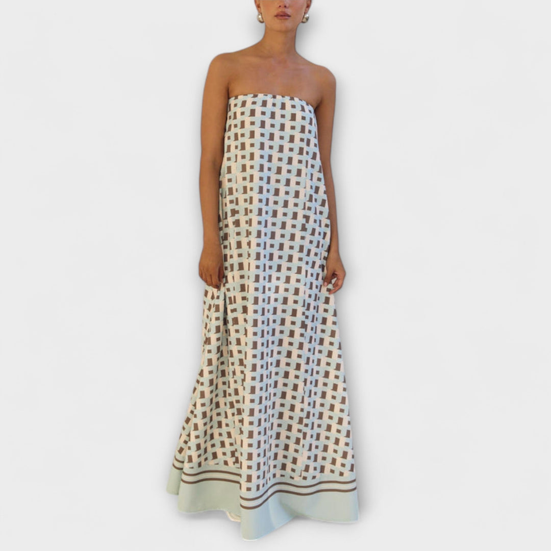 Kenia | Vestido maxi geométrico de hombros descubiertos