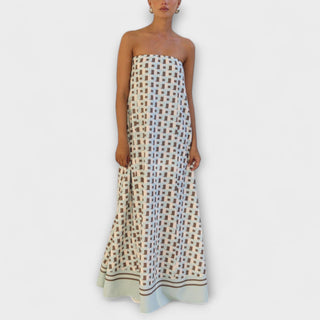 Kenia | Vestido maxi geométrico de hombros descubiertos