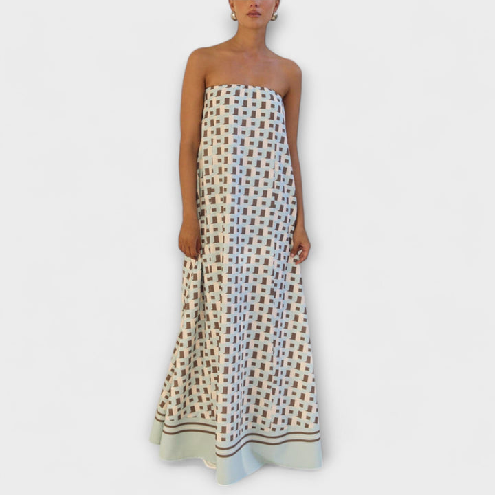 Kenia | Vestido maxi geométrico de hombros descubiertos