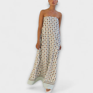 Kenia | Vestido maxi geométrico de hombros descubiertos