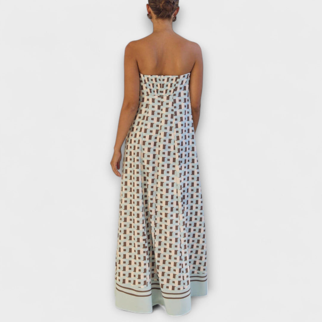 Kenia | Vestido maxi geométrico de hombros descubiertos