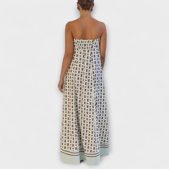 Kenia | Vestido maxi geométrico de hombros descubiertos