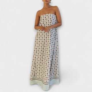 Kenia | Vestido maxi geométrico de hombros descubiertos