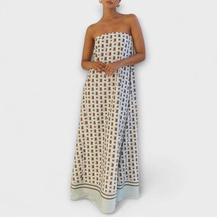 Kenia | Vestido maxi geométrico de hombros descubiertos