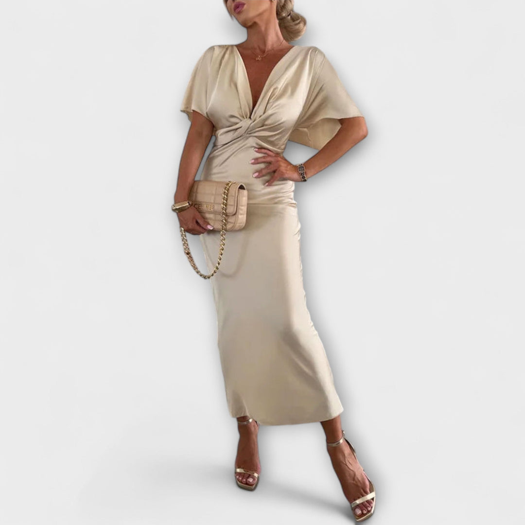 Sable | Vestido maxi de satén con nudo