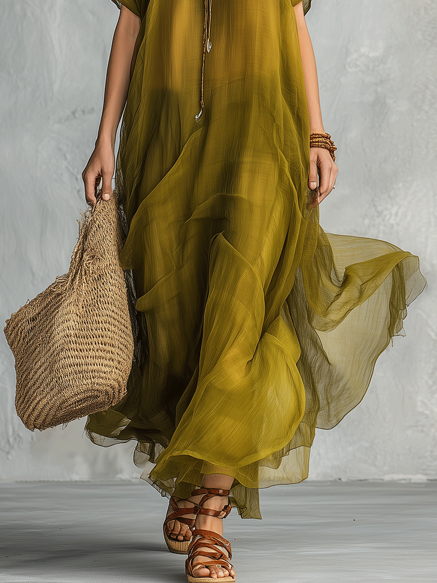 Selva | Vestido maxi verde oliva drapeado