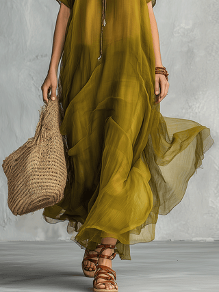 Selva | Vestido maxi verde oliva drapeado