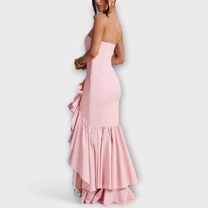 Zuri | Vestido maxi de hombros descubiertos asimétrico