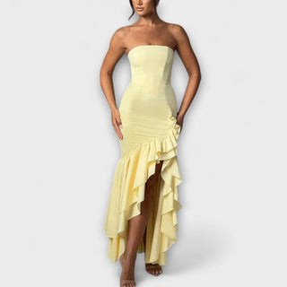 Zuri | Vestido maxi de hombros descubiertos asimétrico