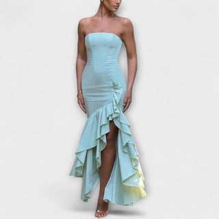 Zuri | Vestido maxi de hombros descubiertos asimétrico