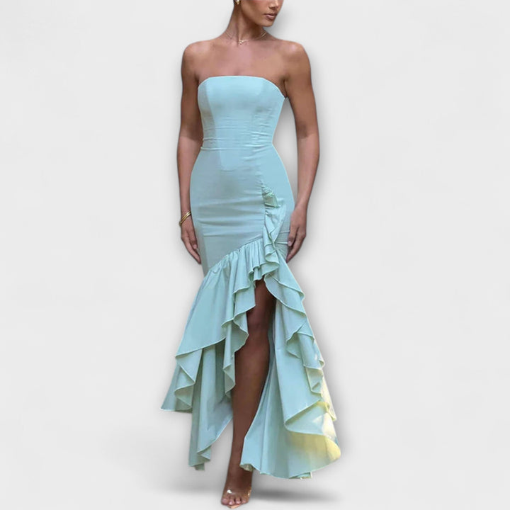 Zuri | Vestido maxi de hombros descubiertos asimétrico