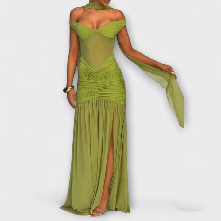 Violante | Vestido maxi verde oliva con escote en V