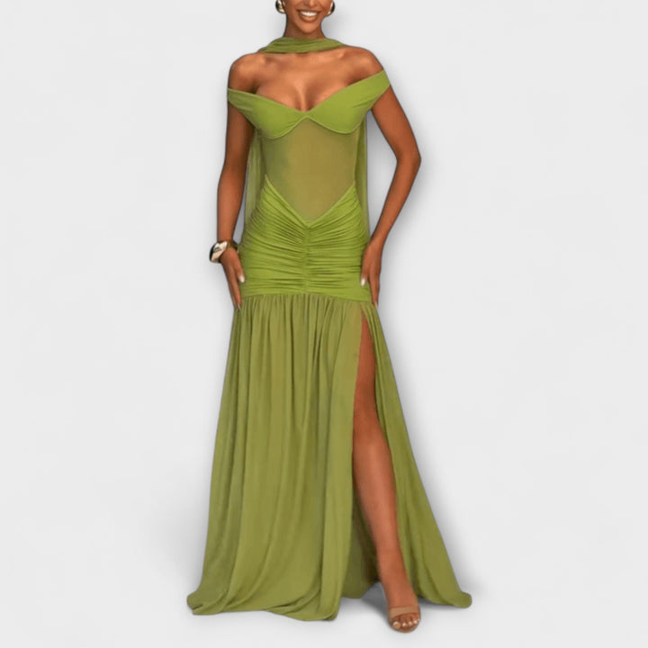 Violante | Vestido maxi verde oliva con escote en V