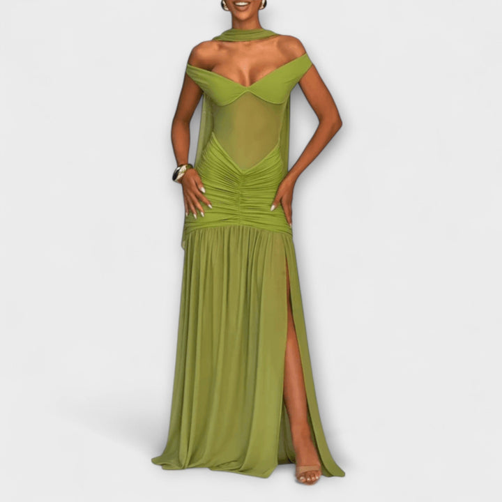Violante | Vestido maxi verde oliva con escote en V
