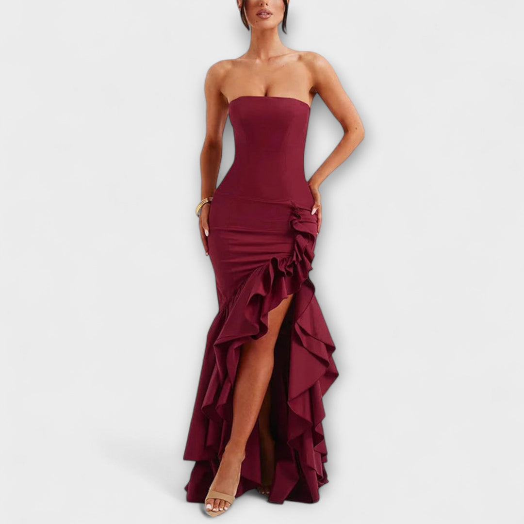 Zuri | Vestido maxi de hombros descubiertos asimétrico