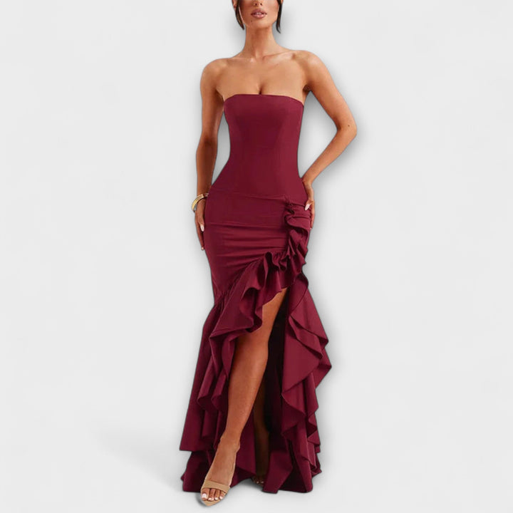 Zuri | Vestido maxi de hombros descubiertos asimétrico