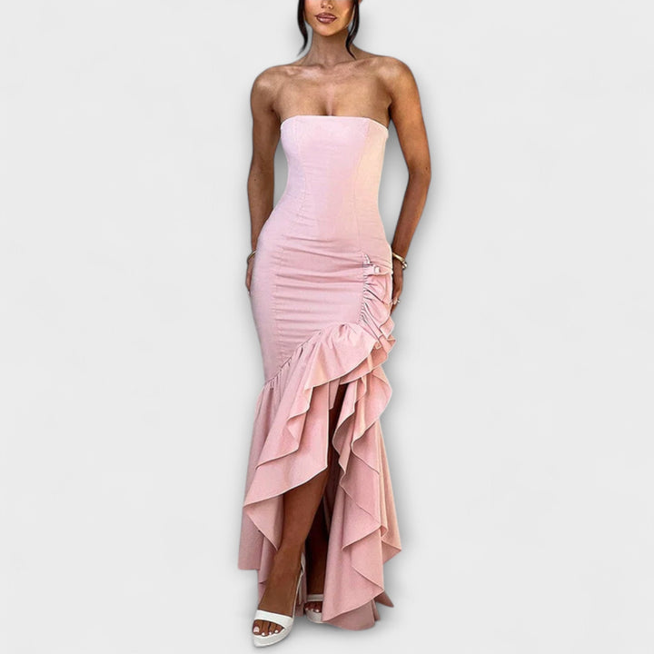 Zuri | Vestido maxi de hombros descubiertos asimétrico