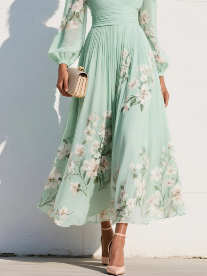Ramira | Vestido midi de gasa con flores verdes