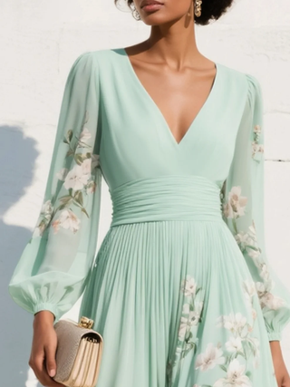 Ramira | Vestido midi de gasa con flores verdes