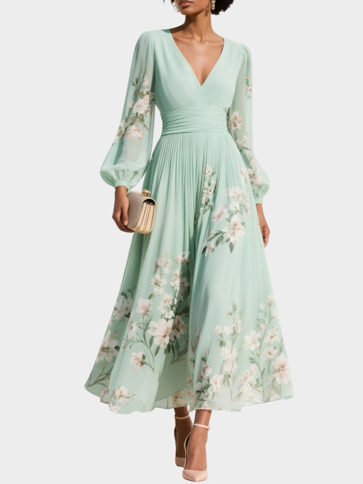 Ramira | Vestido midi de gasa con flores verdes