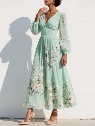 Ramira | Vestido midi de gasa con flores verdes
