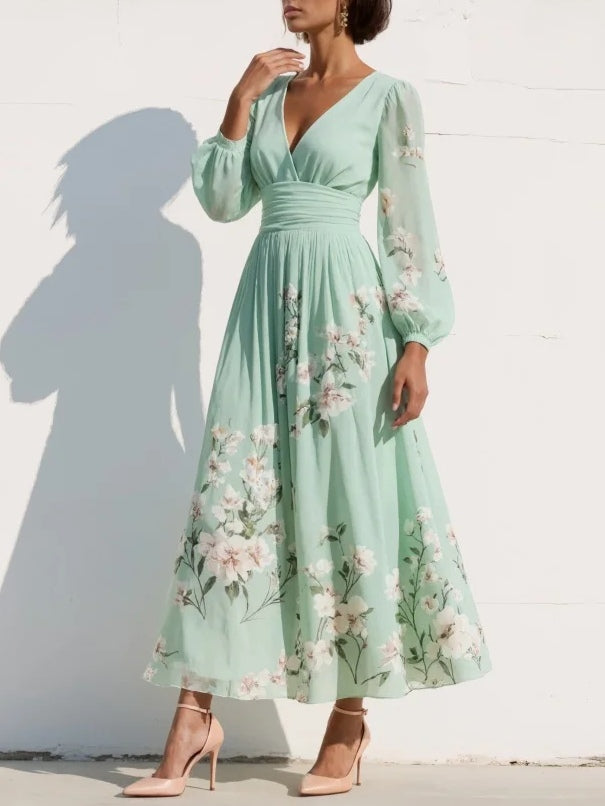 Ramira | Vestido midi de gasa con flores verdes