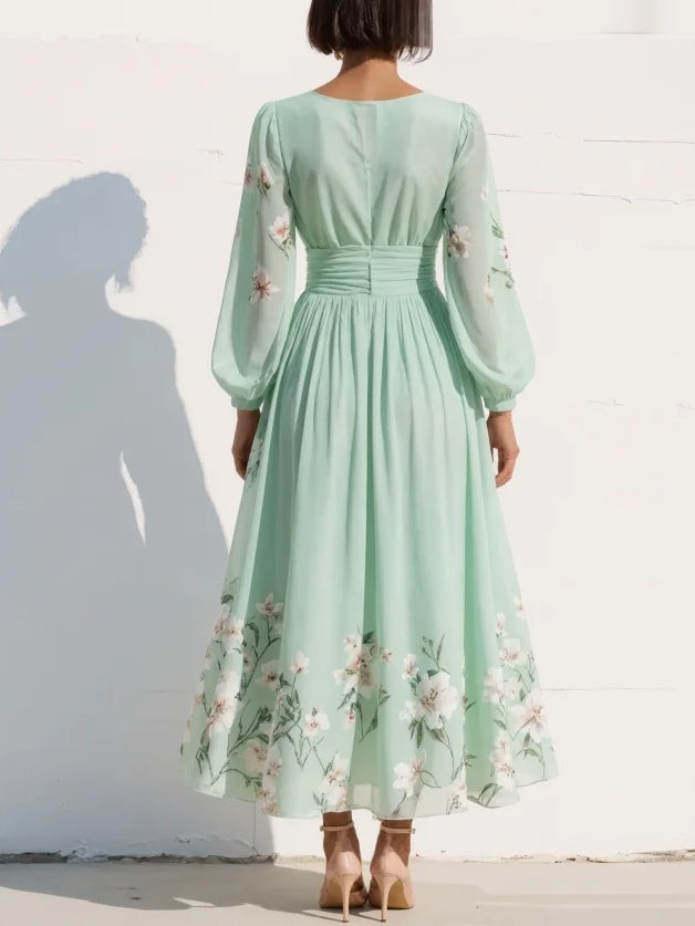 Ramira | Vestido midi de gasa con flores verdes