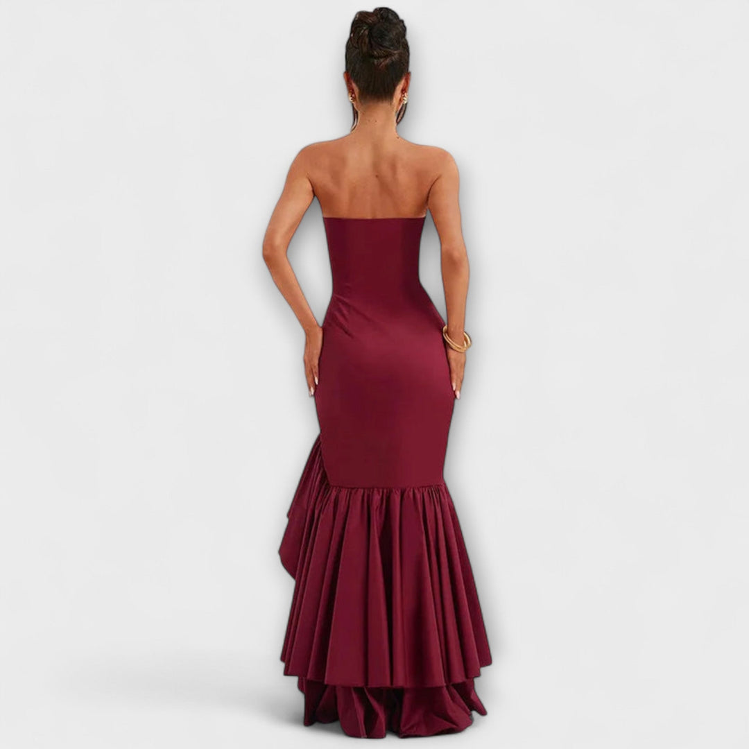 Zuri | Vestido maxi de hombros descubiertos asimétrico
