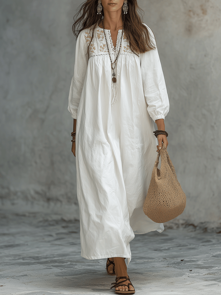 Katia | Vestido maxi bordado con mangas globo