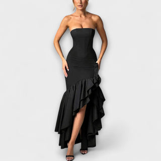 Zuri | Vestido maxi de hombros descubiertos asimétrico
