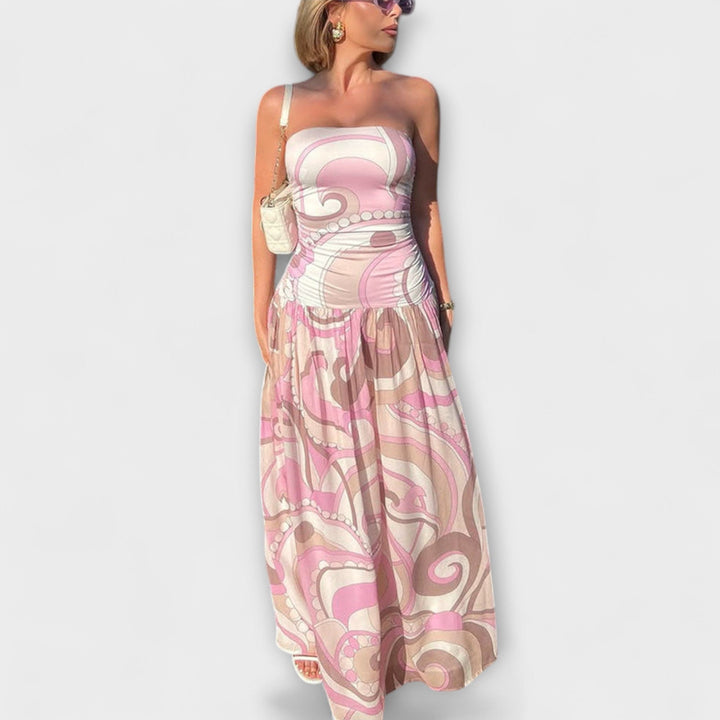 Tatum | Vestido maxi pastel de hombros descubiertos