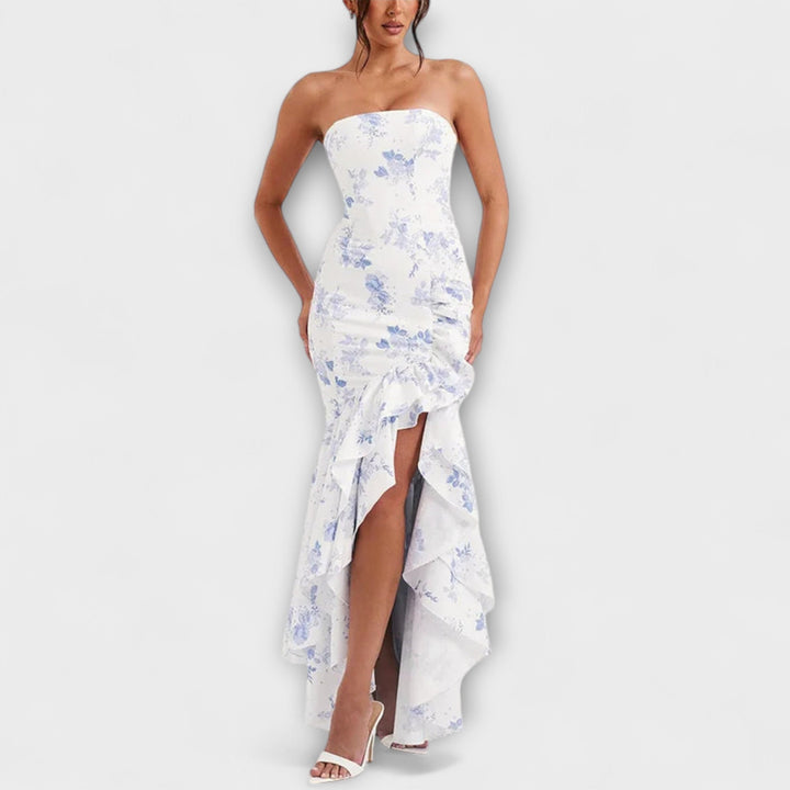 Zuri | Vestido maxi de hombros descubiertos asimétrico